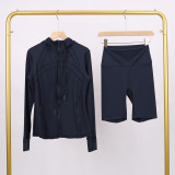 LULU DF hooded jacket and shorts set with gold zipper, slim fit, stretchy, quick-drying, fitness, sports, yoga wear for women