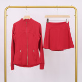 LULU DF Stand Collar Jacket and Skirt Set with Gold Zipper, Slim Fit Jacket, Stretchy Quick-Dry Fitness Yoga Outfit