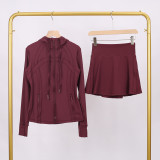 LULU branded hooded jacket and short skirt set, sports tennis skirt for women, anti-exposure fitness two-piece new style