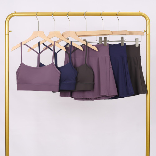 LULU Women's Sports Tennis Skirt Anti-Exposure Fitness Y-Back Vest Short Skirt Set Two-in-One Yoga Shorts