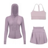 LULU sports tennis skirt with hooded jacket and Y-back tank top set for women, anti-exposure fitness short skirt, slimming effect