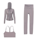LULU DF Embossed Hooded Jacket, Y-Back Vest, Cropped Pants Three-Piece Set, Starry Gold Zipper Yoga Outfit