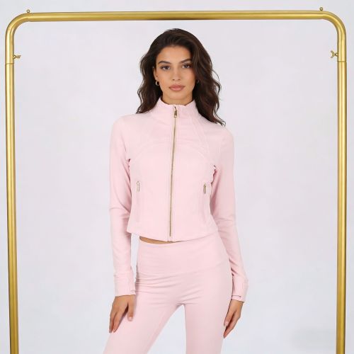 LULU DF Embossed Short Stand Collar Jacket and Cropped Pants Set with Gold Zipper Slim Fit Jacket Stretch Yoga Outfit