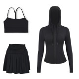 LULU sports tennis skirt with hooded jacket and Y-back tank top set for women, anti-exposure fitness short skirt, slimming effect