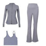 LULU DF stand-up collar jacket, U-shaped vest, bell-bottom pants three-piece set with gold zipper, sports fitness slim-fit yoga wear