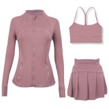 LULU Sports Tennis Skirt Anti-Exposure Embossed Stand-Up Collar Jacket Y-Back Vest Short Skirt Three-Piece Yoga Quick-Dry Set