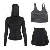 LULU Sports Tennis Skirt with Hooded Jacket and U-Back Tank Top Set for Women, Anti-Exposure Fitness Short Skirt, Two-in-One Design