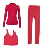 LULU DF stand-up collar jacket, U-shaped vest, cropped pants three-piece set, starry gold zipper slim-fit yoga wear