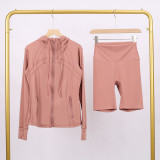LULU DF hooded jacket and shorts set with gold zipper, slim fit, stretchy, quick-drying, fitness, sports, yoga wear for women
