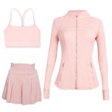 LULU Sports Tennis Skirt Anti-Exposure Embossed Stand-Up Collar Jacket Y-Back Vest Short Skirt Three-Piece Yoga Quick-Dry Set