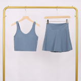 LULU Women's Sports Tennis Skirt Anti-Exposure Fitness U-Back Vest Short Skirt Set Fake Two-Piece Yoga Shorts Fashionable