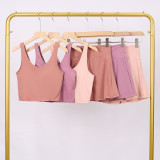 LULU Women's Sports Tennis Skirt Anti-Exposure Fitness U-Back Vest Short Skirt Set Fake Two-Piece Yoga Shorts Fashionable
