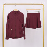LULU DF Stand Collar Jacket and Skirt Set with Gold Zipper, Slim Fit Jacket, Stretchy Quick-Dry Fitness Yoga Outfit