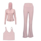 LULU DF hooded jacket, U-shaped vest, bell-bottom pants three-piece set, starry gold zipper slim-fit yoga outfit