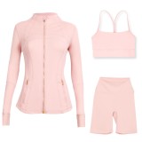 LULU DF stand-up collar jacket, Y-back vest, three-quarter pants, three-piece set with gold zipper, sporty slim-fit yoga wear
