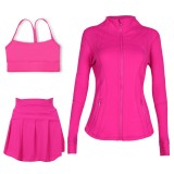 LULU Sports Tennis Skirt Anti-Exposure Embossed Stand-Up Collar Jacket Y-Back Vest Short Skirt Three-Piece Yoga Quick-Dry Set