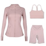 LULU DF stand-up collar jacket, Y-back vest, three-quarter pants, three-piece set with gold zipper, sporty slim-fit yoga wear