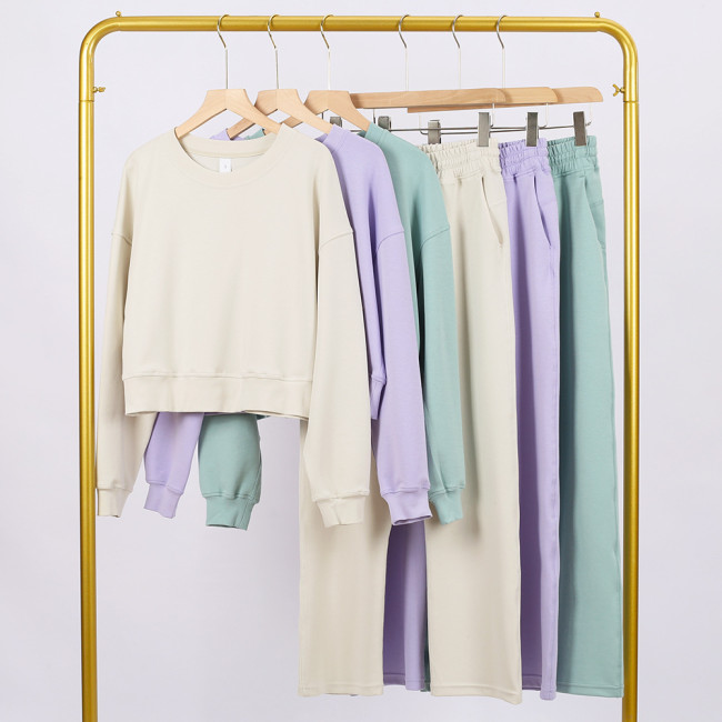LULU (in stock) short sweatshirt and air-layer sweatpants set, long-sleeved women's round-neck elastic sports yoga outfit