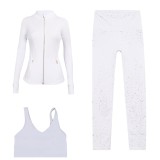 LULU DF stand-up collar jacket, U-shaped vest, cropped pants three-piece set, starry gold zipper slim-fit yoga wear