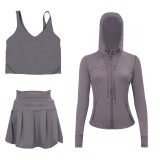 LULU Sports Tennis Skirt with Hooded Jacket and U-Back Tank Top Set for Women, Anti-Exposure Fitness Short Skirt, Two-in-One Design