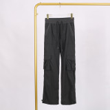 LULU Nude High-Waisted Drawstring Cargo Pants with Pockets for Women, Loose Slimming Long Pants for Yoga, Sports, and Fitness