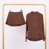 LULU Embossed Stand Collar Jacket and Three-Pleat Skirt Set for Fitness and Sports, Faux Two-Piece Anti-Exposure Elastic Tennis Skirt