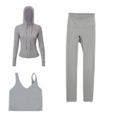 LULU DF hooded jacket, U-shaped vest, cropped pants three-piece set, starry gold zipper slim-fit yoga outfit