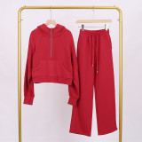 LULU Women's Yoga Wear Half-Zip Loose Hoodie Sweatshirt and Sweatpants Set Casual Loose Short Style with Fleece Lining