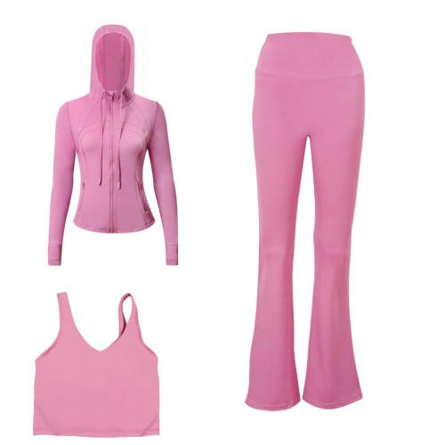 LULU DF hooded jacket, U-shaped vest, bell-bottom pants three-piece set, starry gold zipper slim-fit yoga outfit