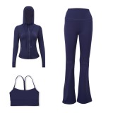 LULU DF Embossed Hooded Jacket, Y-shaped Vest, Bell-bottom Pants Three-piece Set, Starry Gold Zipper Yoga Outfit