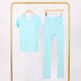 LULU3.0 High-Elasticity Sports Round-Neck Short-Sleeve Bell-Bottom Pants Set for Women, Quick-Dry Running Training T-Shirt, Yoga Outfit for Women