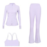 LULU DF Embossed Stand Collar Jacket, Y-shaped Vest, Flared Pants Three-piece Set with Gold Zipper, Sports Fitness Yoga Outfit