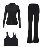 LULU DF stand-up collar jacket, U-shaped vest, bell-bottom pants three-piece set with gold zipper, sports fitness slim-fit yoga wear