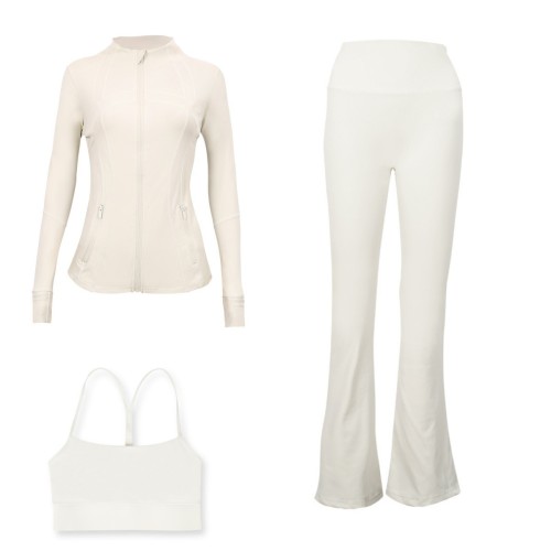 LULU DF Embossed Stand Collar Jacket, Y-shaped Vest, Flared Pants Three-piece Set with Gold Zipper, Sports Fitness Yoga Outfit