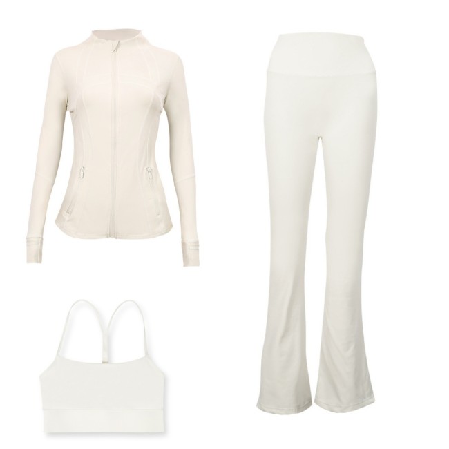 LULU DF Embossed Stand Collar Jacket, Y-shaped Vest, Flared Pants Three-piece Set with Gold Zipper, Sports Fitness Yoga Outfit
