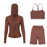 LULU DF hooded jacket, Y-back vest, three-quarter pants three-piece set, starry gold zipper slim-fit yoga outfit