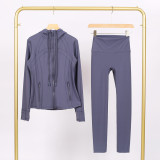 LULU in-stock hooded jacket and cropped pants set, running and yoga wear, sports slim-fit zip-up cardigan