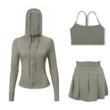 LULU sports tennis skirt with hooded jacket and Y-back tank top set for women, anti-exposure fitness short skirt, slimming effect