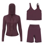 LULUDF Embossed Hooded Jacket, U-Shaped Vest, Three-Quarter Pants, Three-Piece Set, Gold Zipper Yoga Outfit, Long Sleeve