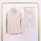 LULU DF Embossed Stand Collar Jacket and Shorts Set with Gold Zipper, Slim Fit, Stretchy, Quick-Dry Fitness Yoga Wear