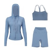 LULU DF hooded jacket, Y-back vest, three-quarter pants three-piece set, starry gold zipper slim-fit yoga outfit