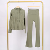 LULU in-stock hooded jacket with embossed logo, flared pants set, running and yoga wear, slim-fit zip-up cardigan with long sleeves