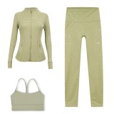 LULU DF Stand Collar Jacket, Y-Back Vest, Nine-Quarter Pants Three-Piece Set, Starry Gold Zipper Slim Fit Yoga Outfit