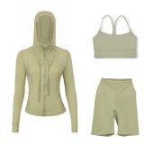 LULU DF hooded jacket, Y-back vest, three-quarter pants three-piece set, starry gold zipper slim-fit yoga outfit