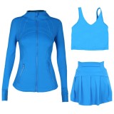 LULU sports tennis skirt, anti-exposure stand-up collar jacket, U-shaped tank top, short skirt three-piece set, yoga quick-dry pleated skirt