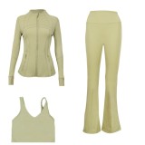 LULU DF stand-up collar jacket, U-shaped vest, bell-bottom pants three-piece set with gold zipper, sports fitness slim-fit yoga wear