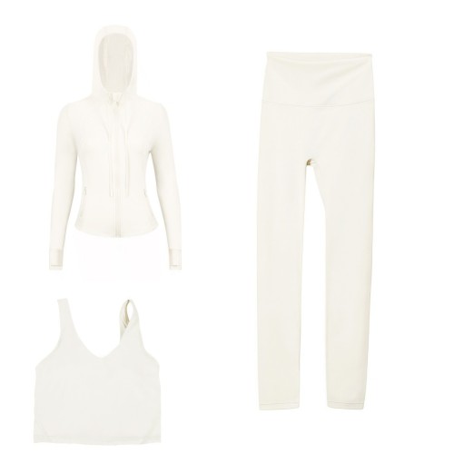 LULUDF Embossed Hooded Jacket, U-Shaped Vest, Cropped Pants Three-Piece Set with Gold Zipper Yoga Outfit
