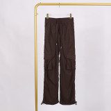 LULU Nude High-Waisted Drawstring Cargo Pants with Pockets for Women, Loose Slimming Long Pants for Yoga, Sports, and Fitness