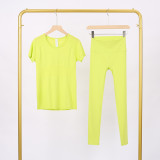 LULU3.0 High-Elasticity Sports Round-Neck Short-Sleeve Nine-Point Pants Set for Women, Quick-Dry Running Training T-Shirt, Yoga Outfit for Women