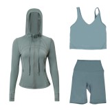 LULUDF Embossed Hooded Jacket, U-Shaped Vest, Three-Quarter Pants, Three-Piece Set, Gold Zipper Yoga Outfit, Long Sleeve